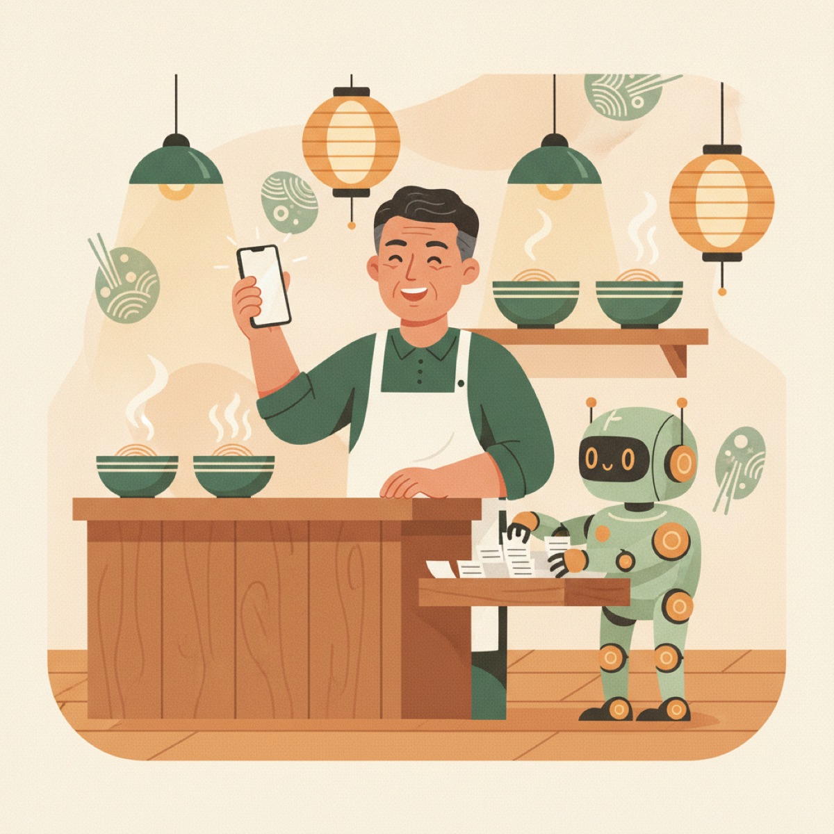 小吃店老闆開心地看著 AI 小幫手整理發票